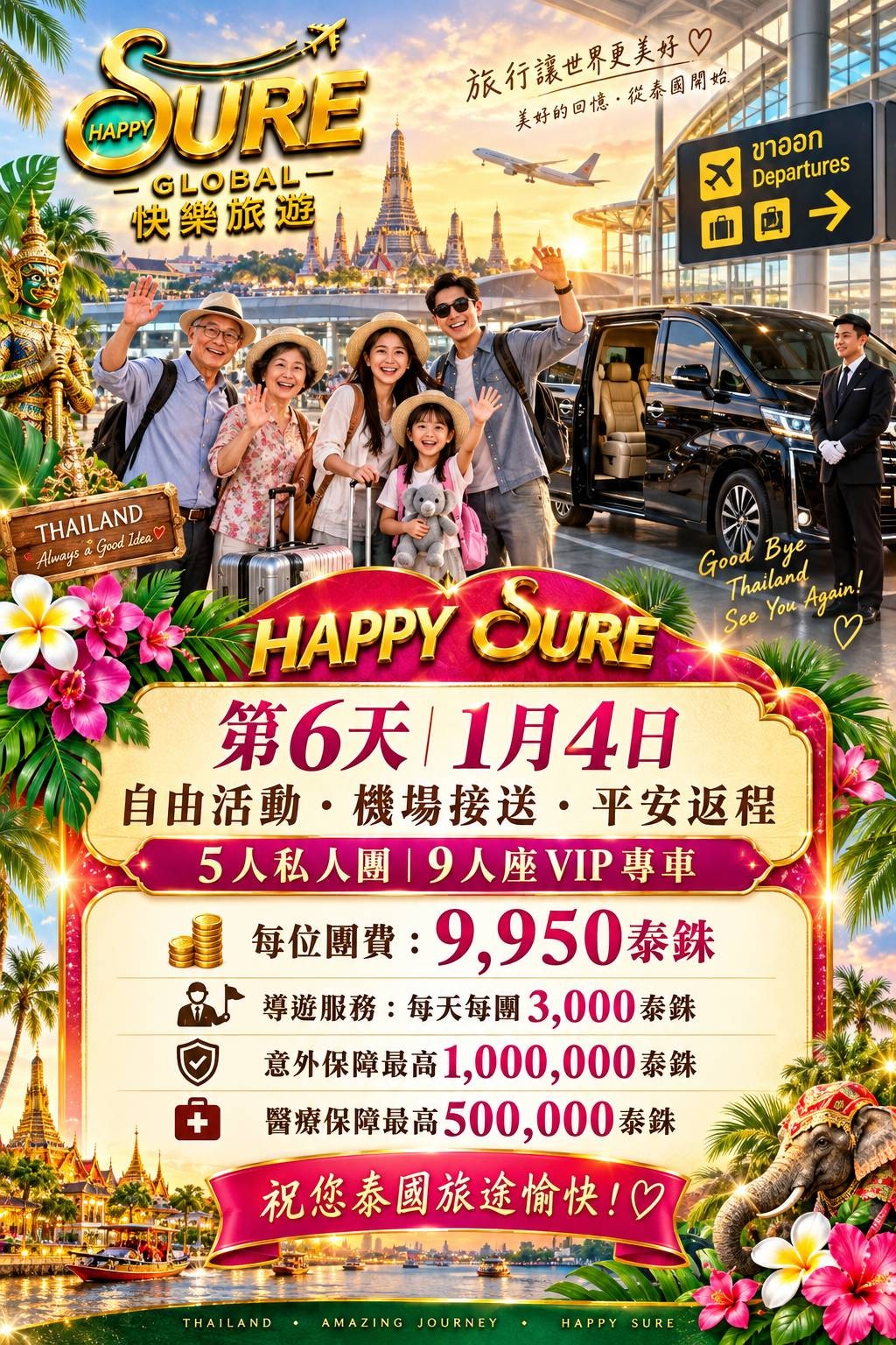 HAPPY SURE VIP 行程實例第 6 天：自由活動與機場接送