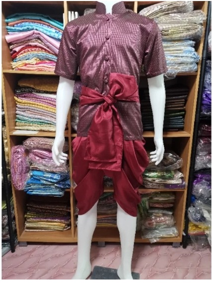 酒紅色短袖傳統泰服